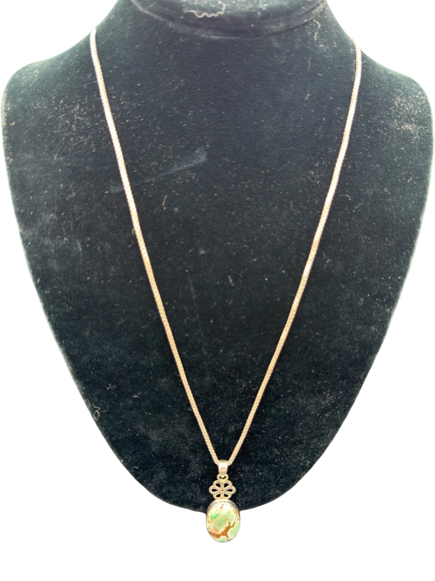 Vintage Green Turquoise Pendant Necklace With Sterling Silver 925 Floral Setting