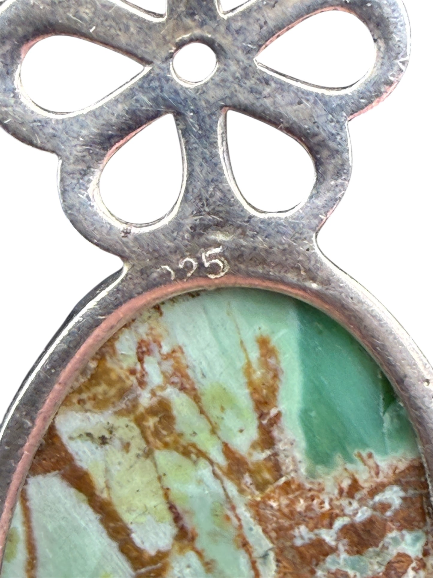 Vintage Green Turquoise Pendant Necklace With Sterling Silver 925 Floral Setting