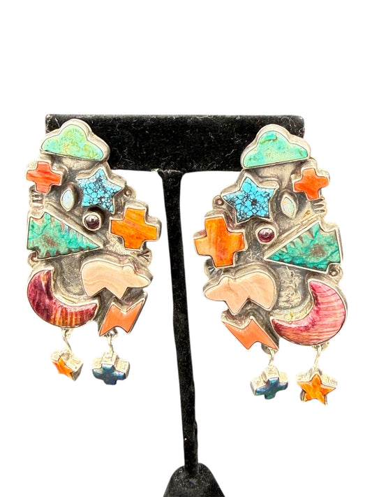 1980s Oscar Betz Patasi Navajo Southwestern Statement Sterling Silver Earrings