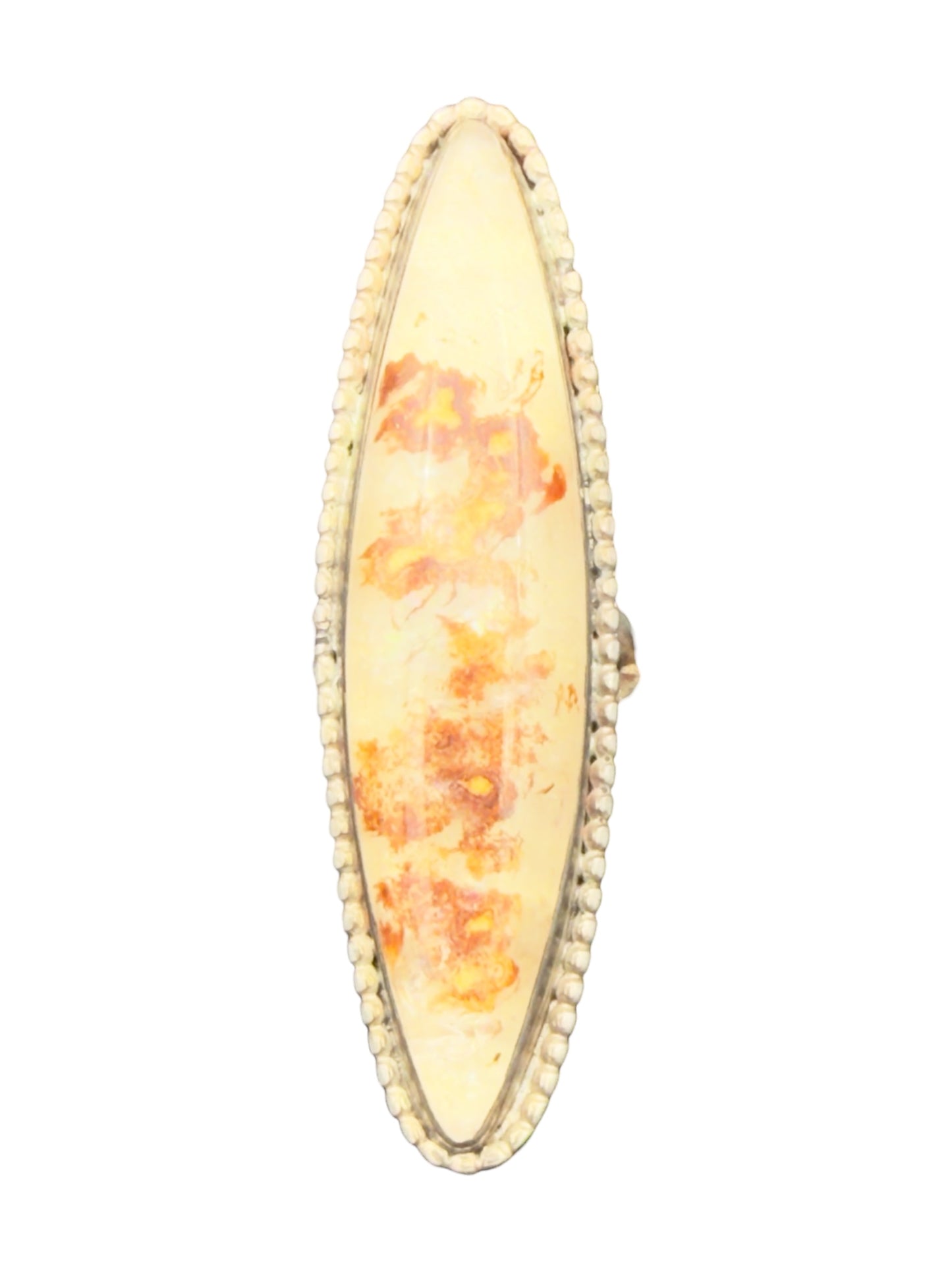 Vintage Long Oval Statement Ring With Plume Agate In Sterling Silver Setting - Size 6.5