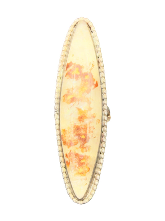Vintage Long Oval Statement Ring With Plume Agate In Sterling Silver Setting - Size 6.5