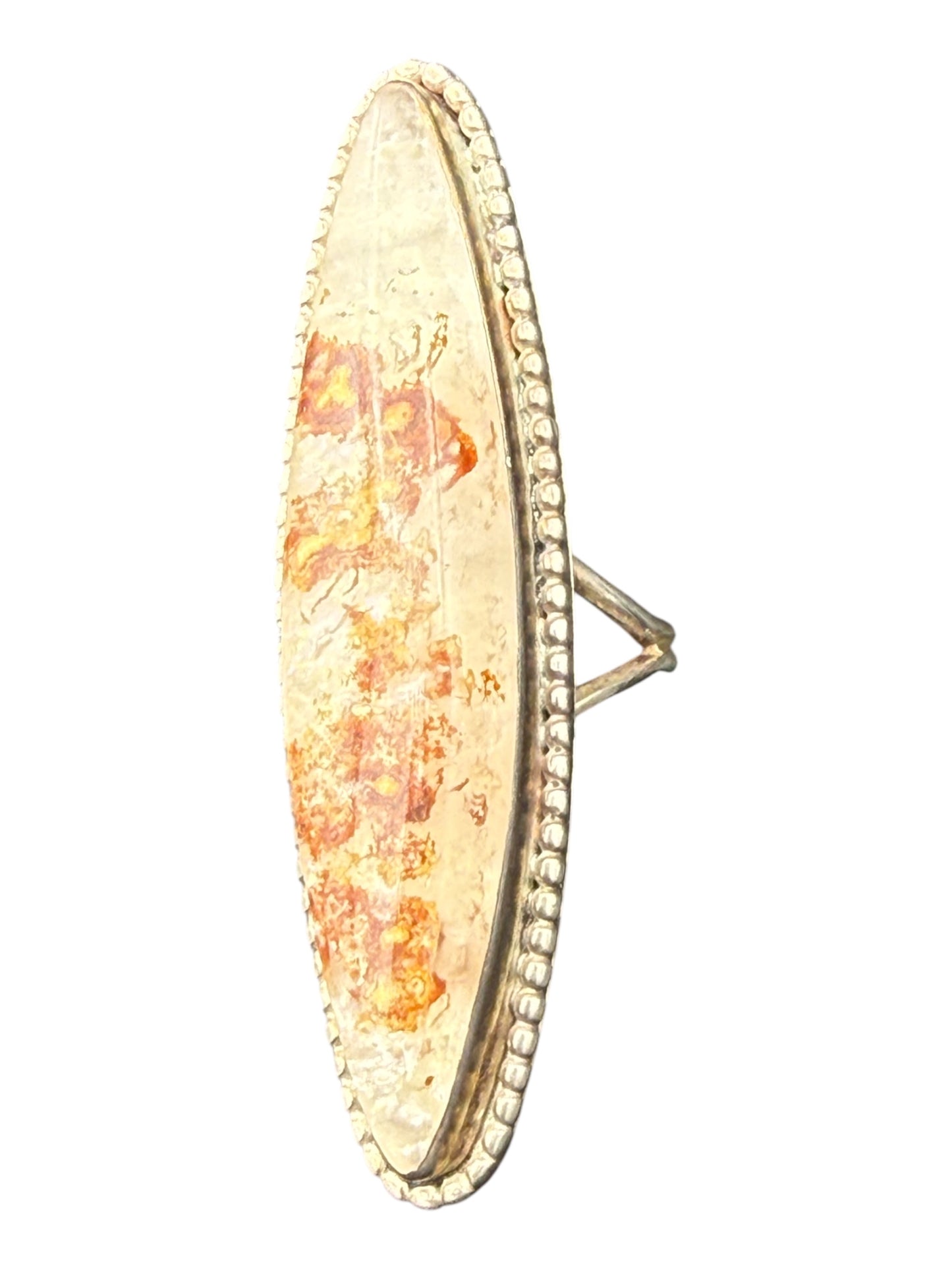 Vintage Long Oval Statement Ring With Plume Agate In Sterling Silver Setting - Size 6.5