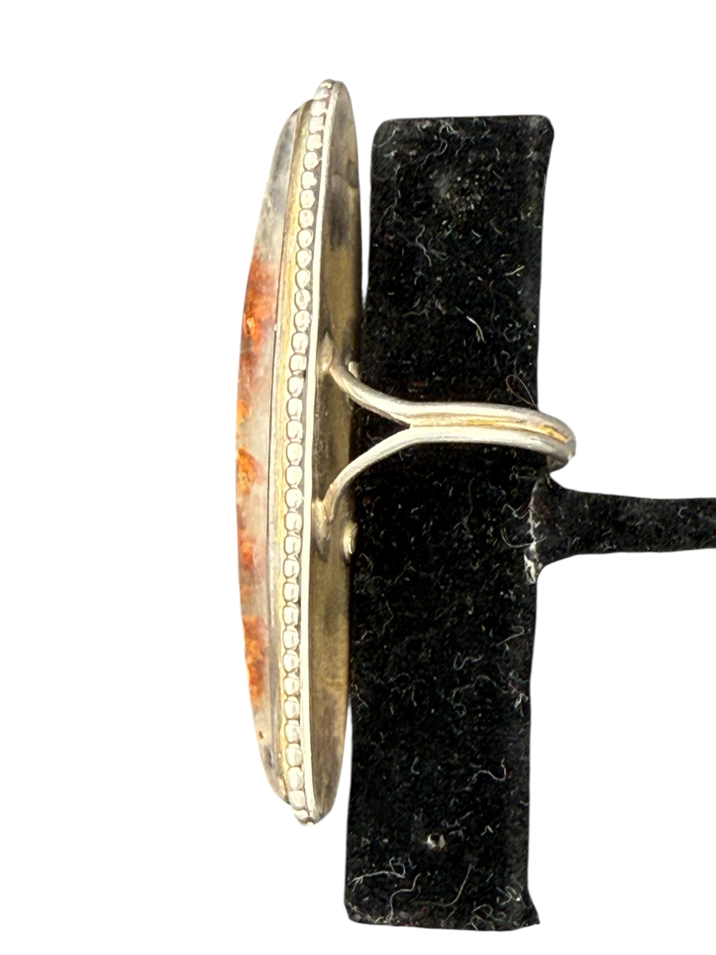 Vintage Long Oval Statement Ring With Plume Agate In Sterling Silver Setting - Size 6.5