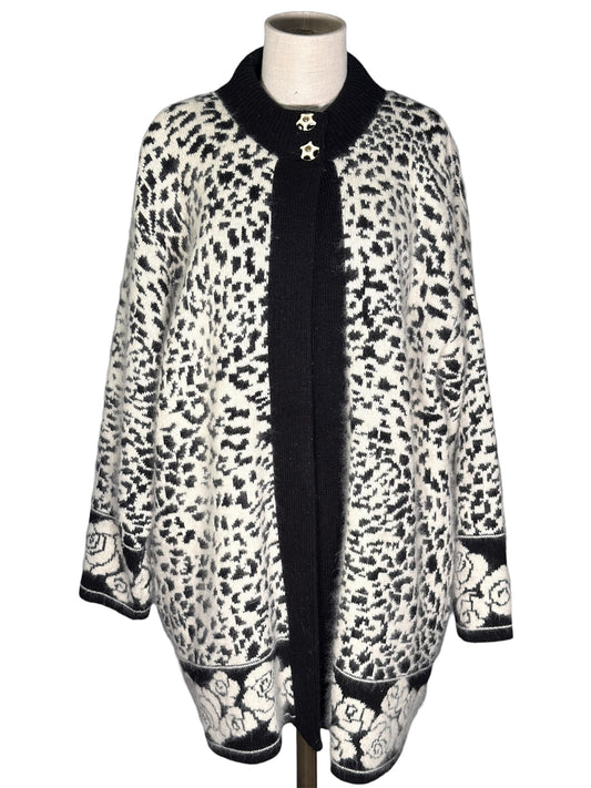 80s Black And White Angora Knit Cardigan With Floral Trim