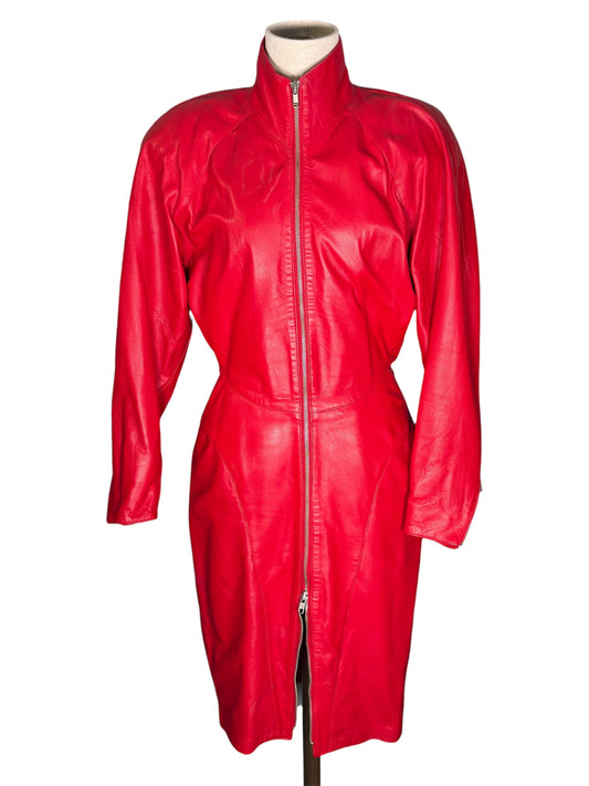 80s Michael Hoban North Beach Leather Red Leather Zip Front Dress