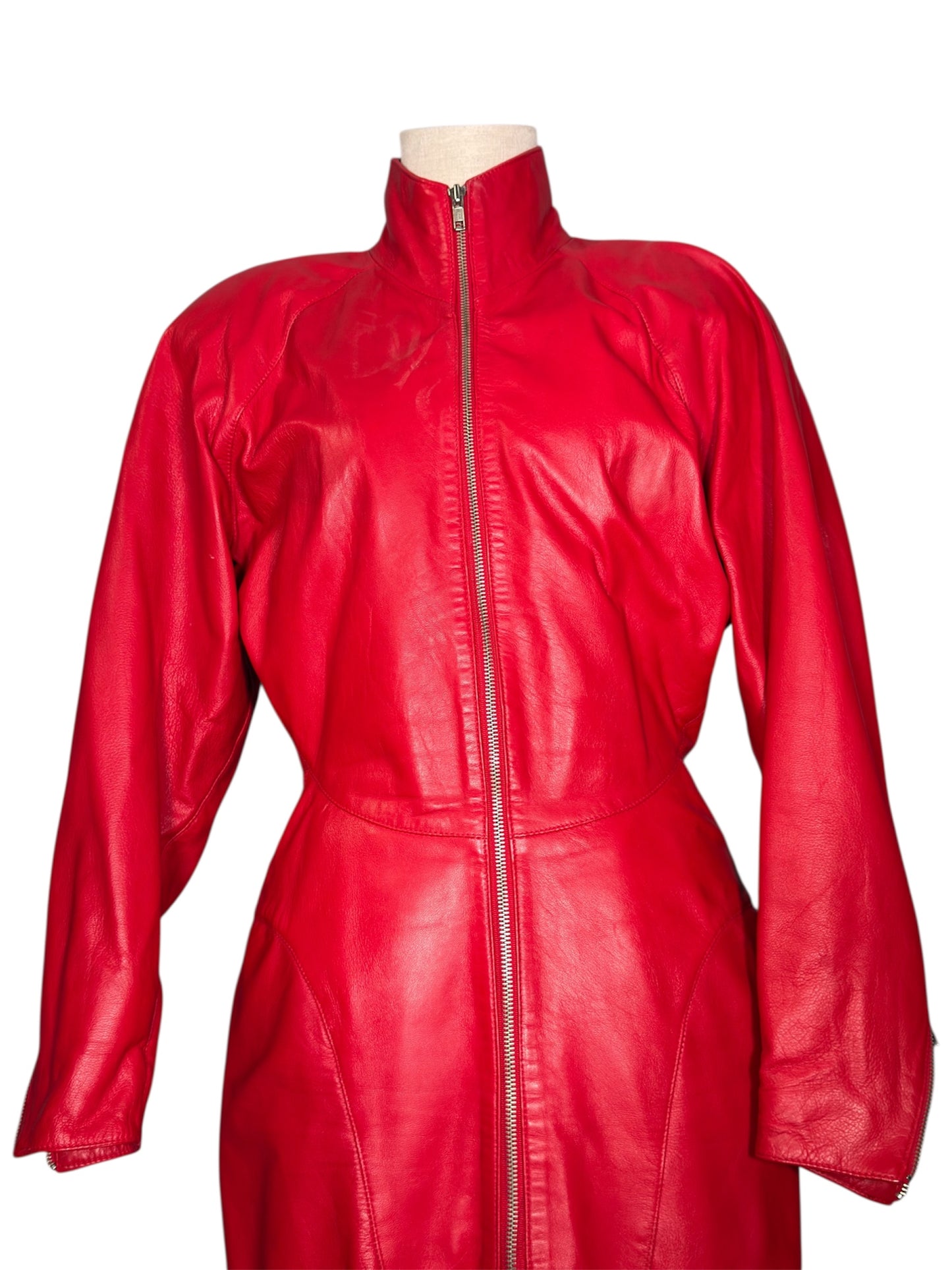 80s Michael Hoban North Beach Leather Red Leather Zip Front Dress