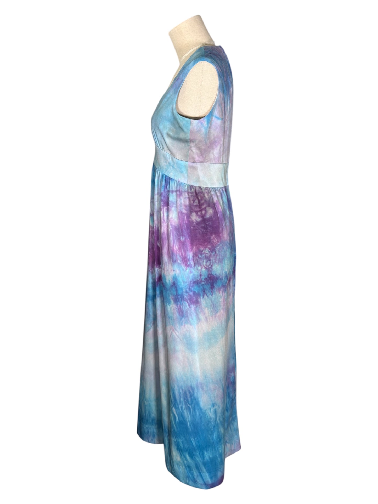 1970s Don Luis Tie-Dye Blue And Purple Two Piece Maxi Dress And Sheer Duster Set
