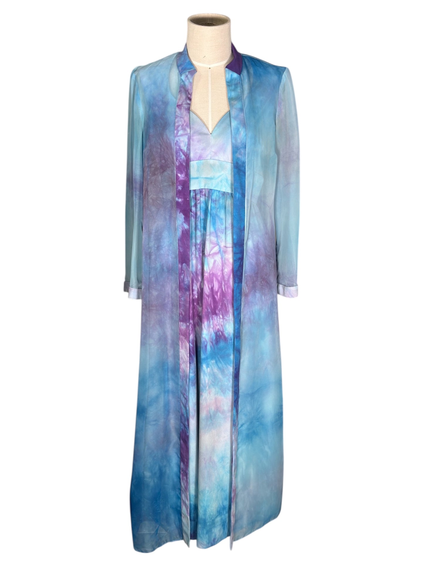 1970s Don Luis Tie-Dye Blue And Purple Two Piece Maxi Dress And Sheer Duster Set