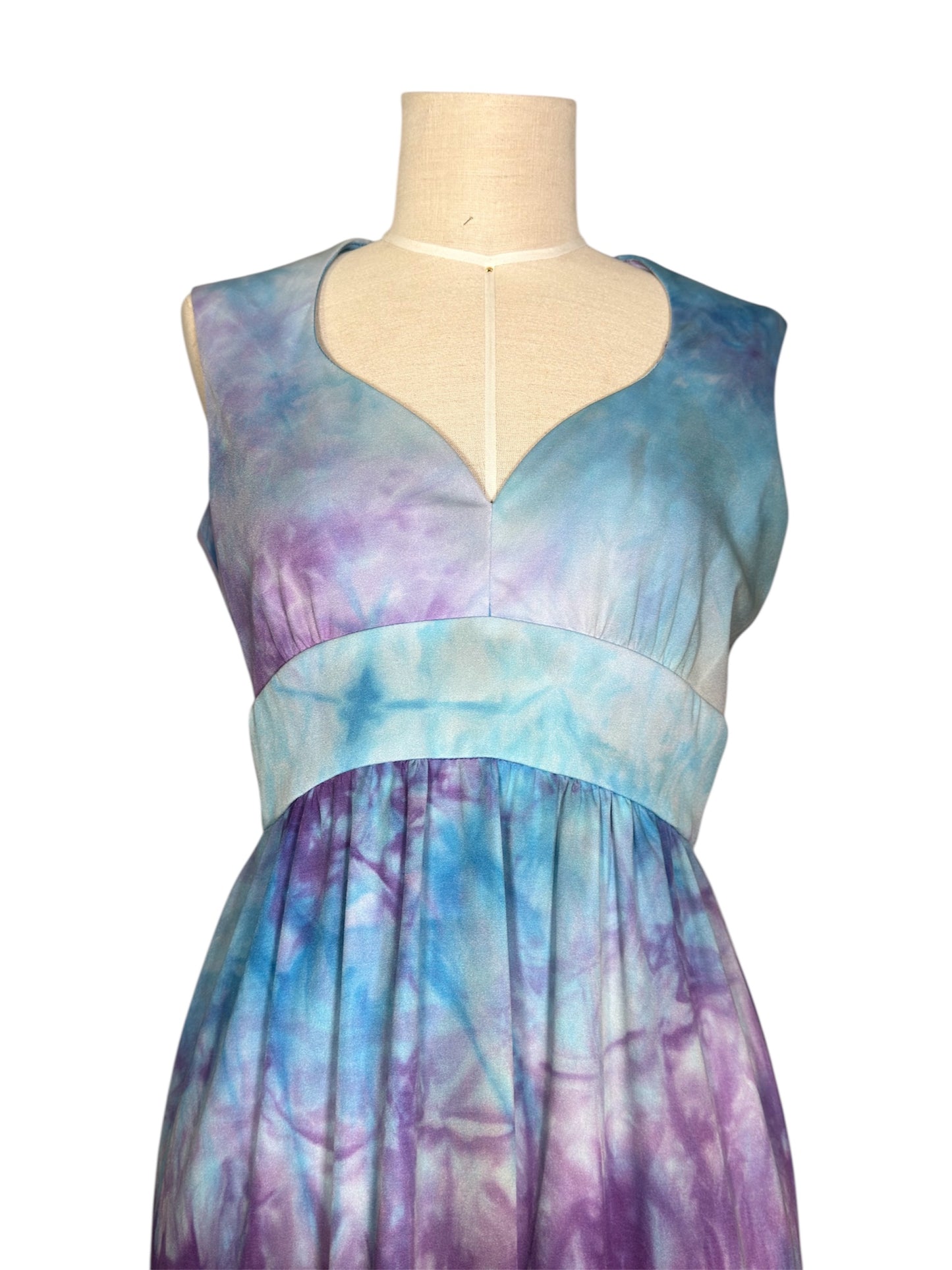 1970s Don Luis Tie-Dye Blue And Purple Two Piece Maxi Dress And Sheer Duster Set