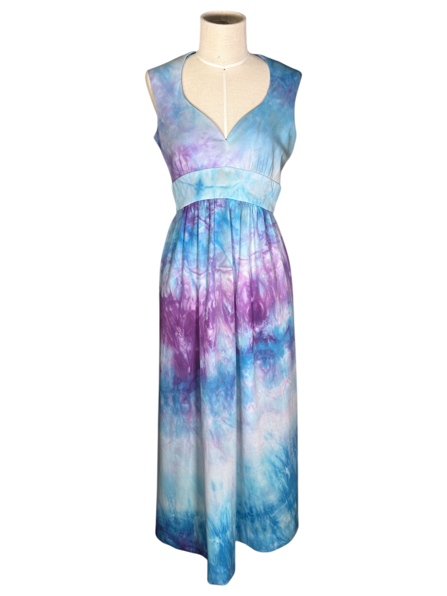 1970s Don Luis Tie-Dye Blue And Purple Two Piece Maxi Dress And Sheer Duster Set