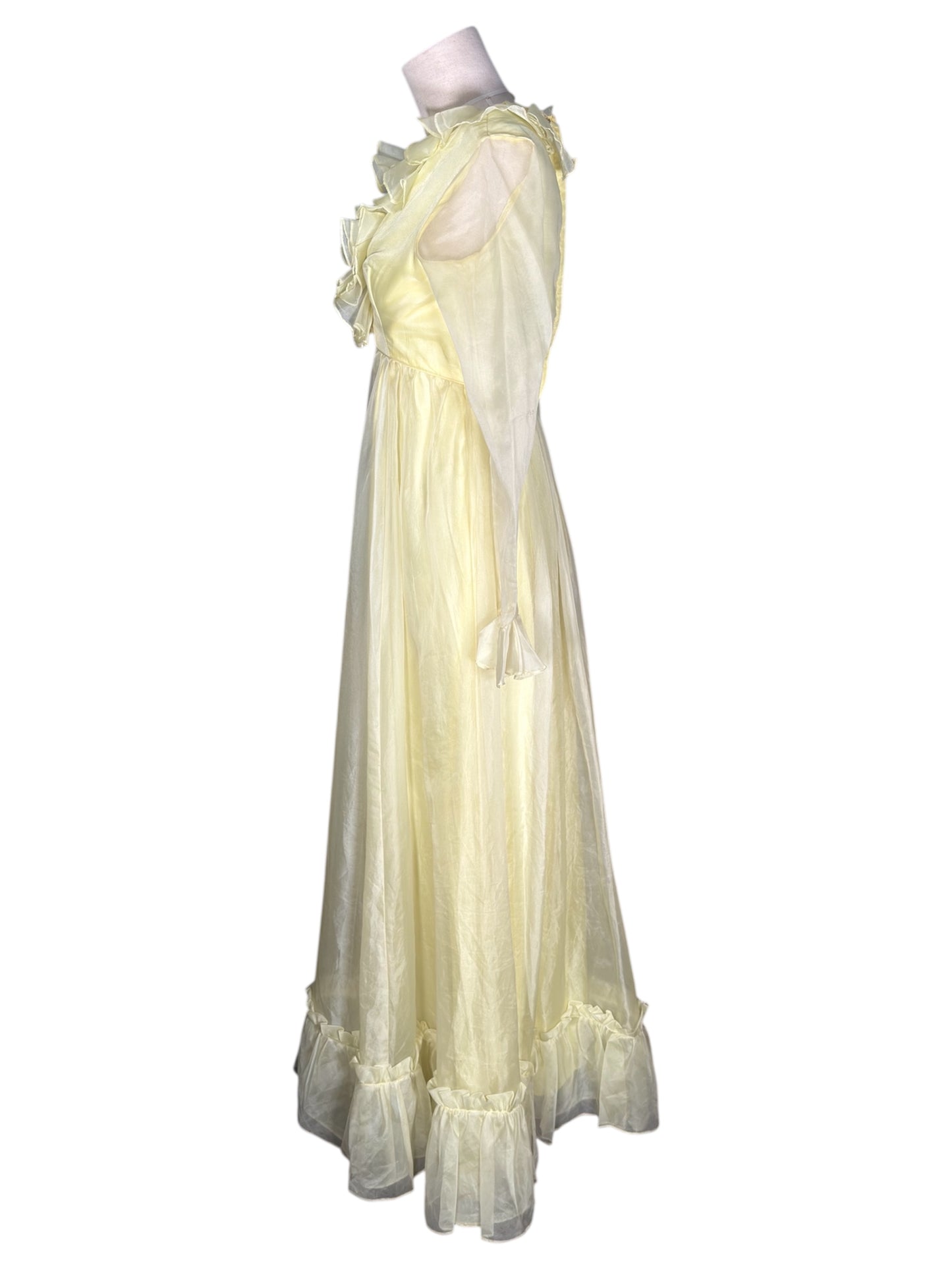 1970s Emma Domb Ruffled Sheer Yellow Maxi Gown