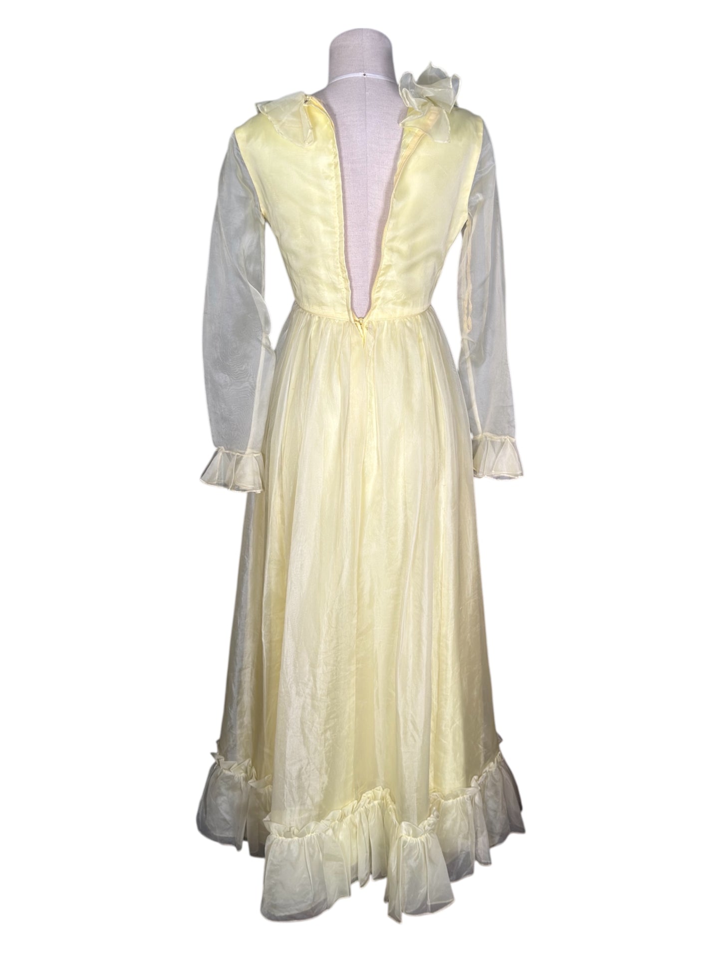 1970s Emma Domb Ruffled Sheer Yellow Maxi Gown