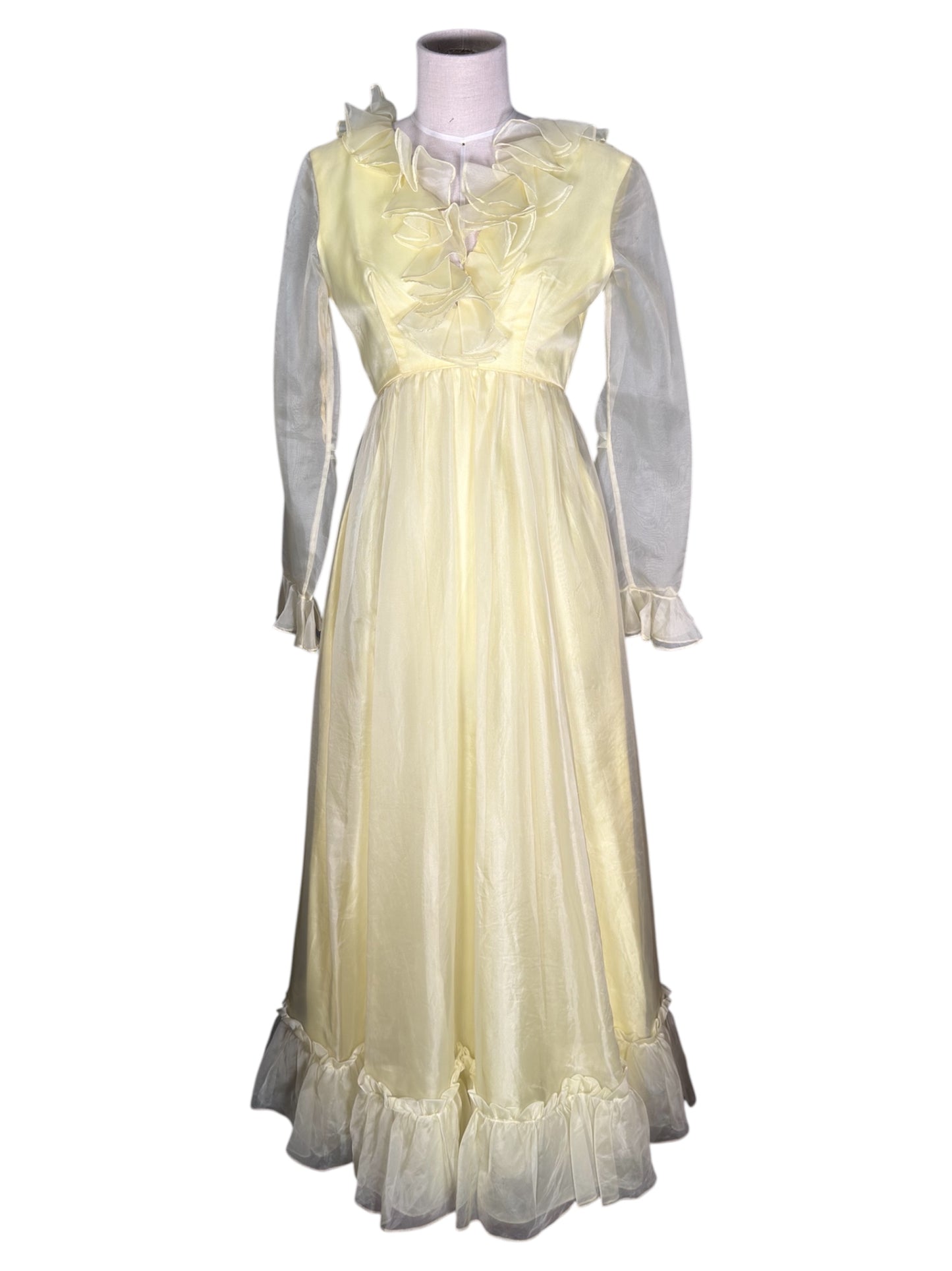 1970s Emma Domb Ruffled Sheer Yellow Maxi Gown