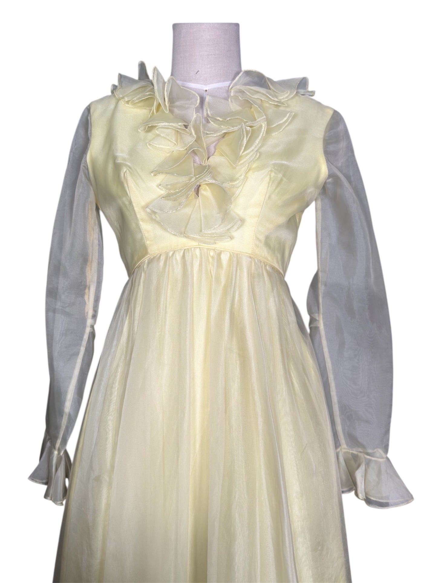 1970s Emma Domb Ruffled Sheer Yellow Maxi Gown