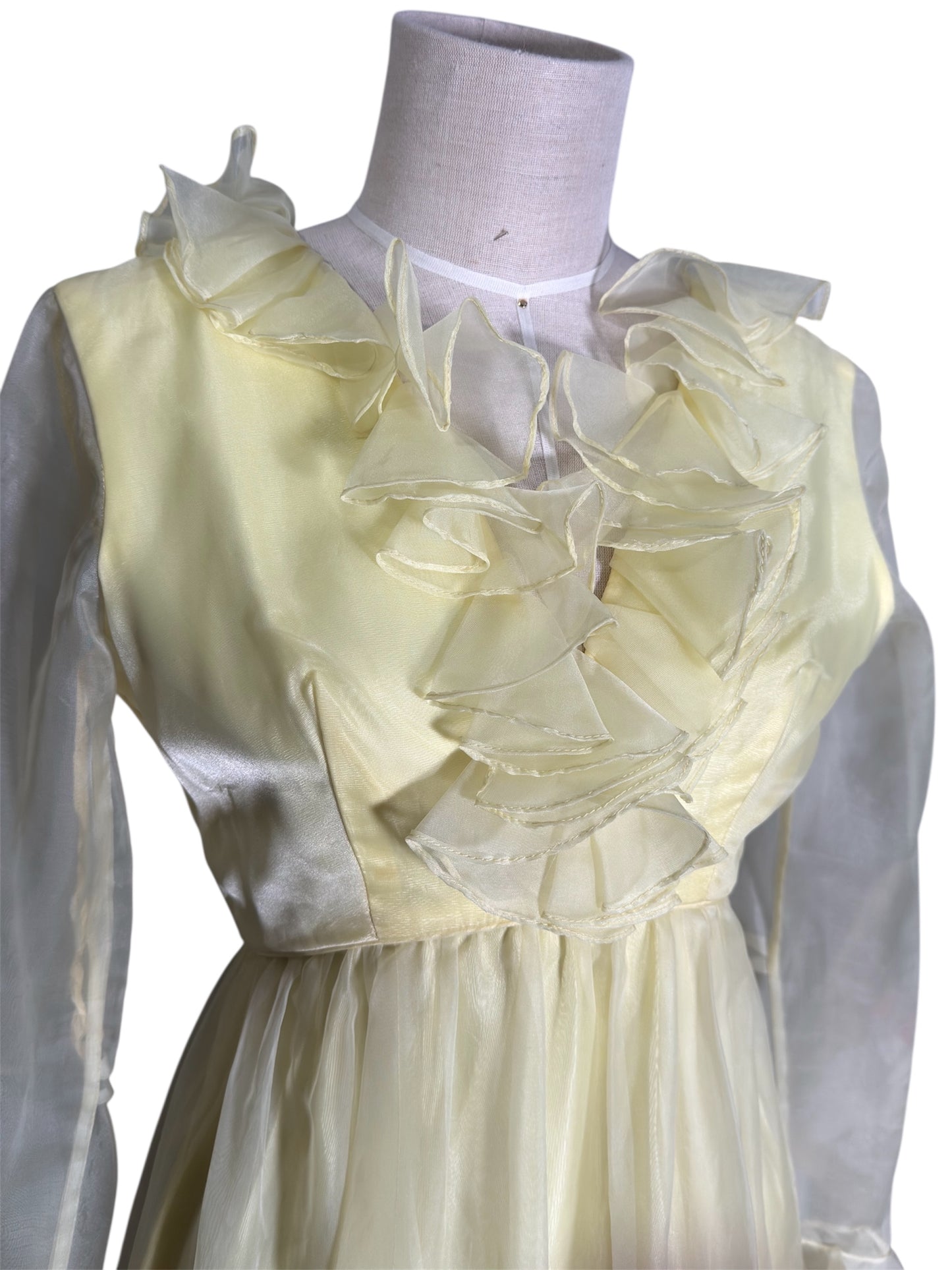 1970s Emma Domb Ruffled Sheer Yellow Maxi Gown