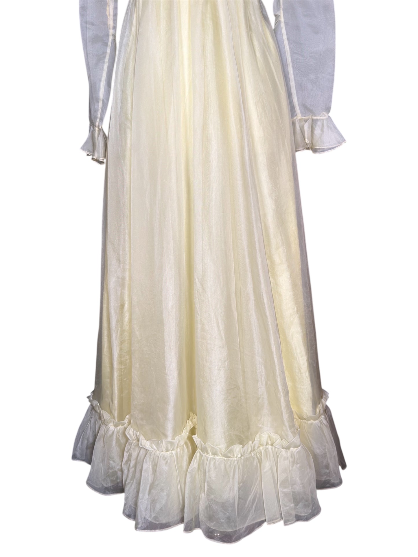1970s Emma Domb Ruffled Sheer Yellow Maxi Gown