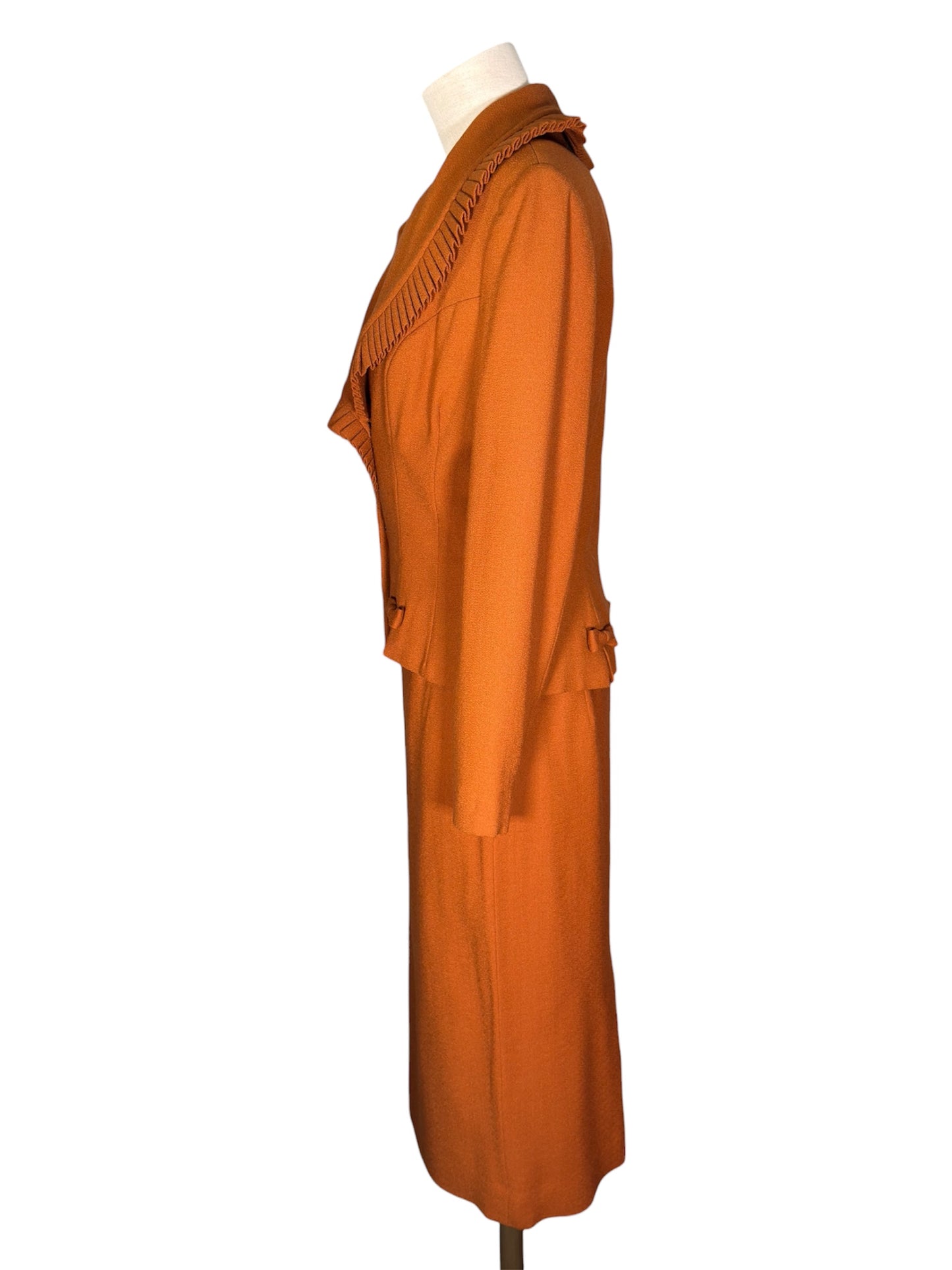 1950s Lilli Ann Wool Skirt Suit With Pleated Shawl Collar And Bow Detail