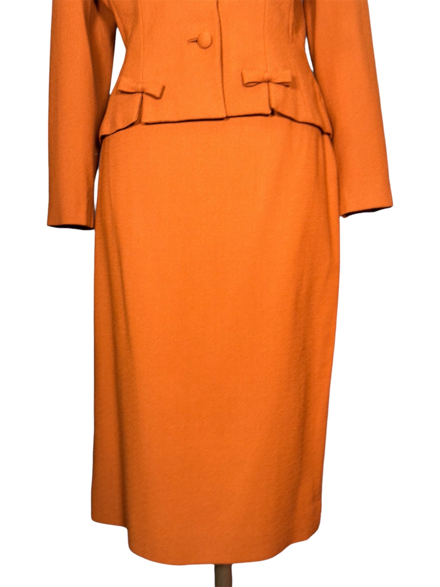 1950s Lilli Ann Wool Skirt Suit With Pleated Shawl Collar And Bow Detail