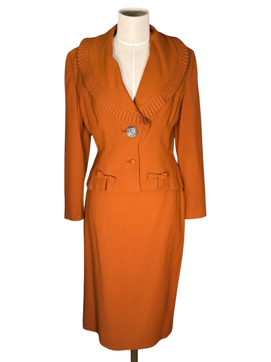 1950s Lilli Ann Wool Skirt Suit With Pleated Shawl Collar And Bow Detail