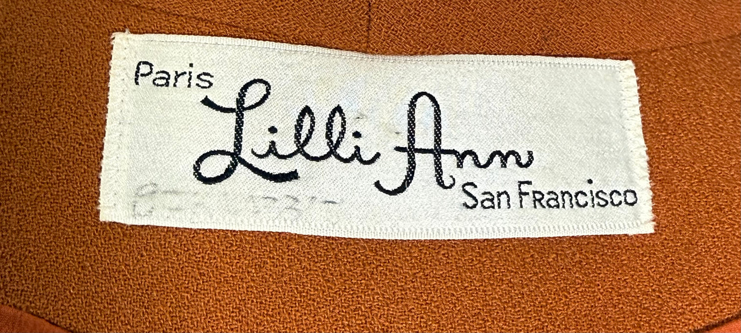 1950s Lilli Ann Wool Skirt Suit With Pleated Shawl Collar And Bow Detail