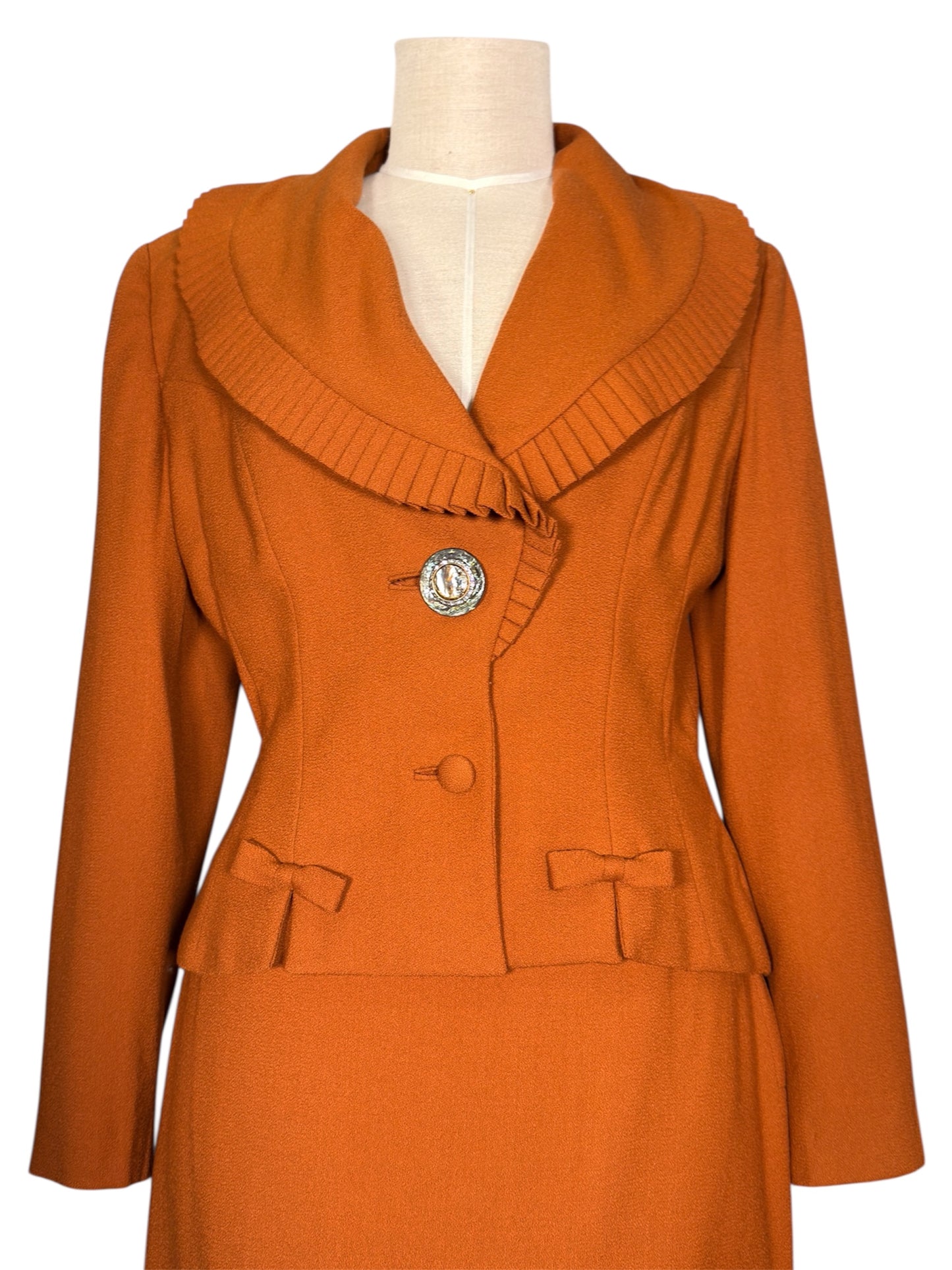 1950s Lilli Ann Wool Skirt Suit With Pleated Shawl Collar And Bow Detail