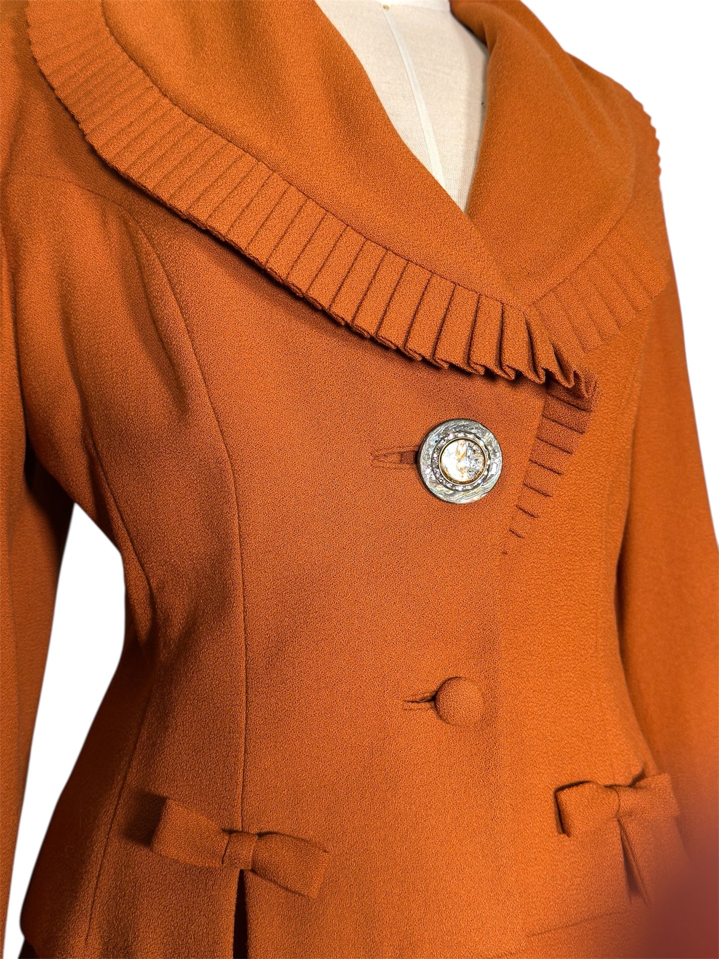 1950s Lilli Ann Wool Skirt Suit With Pleated Shawl Collar And Bow Detail