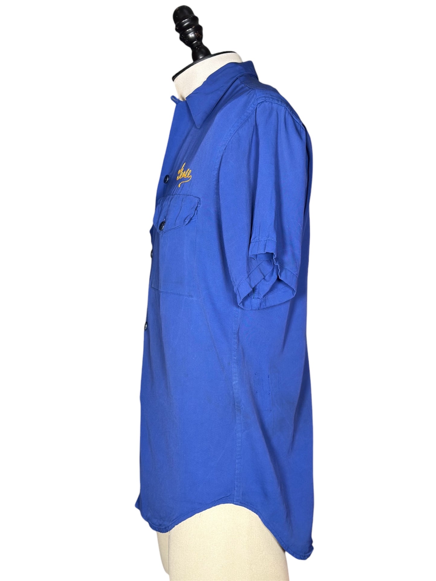 1950s Nat Nast Blue Cotton Bowling Shirt Observatory N.S.G.W. Chainstitch Embroidery