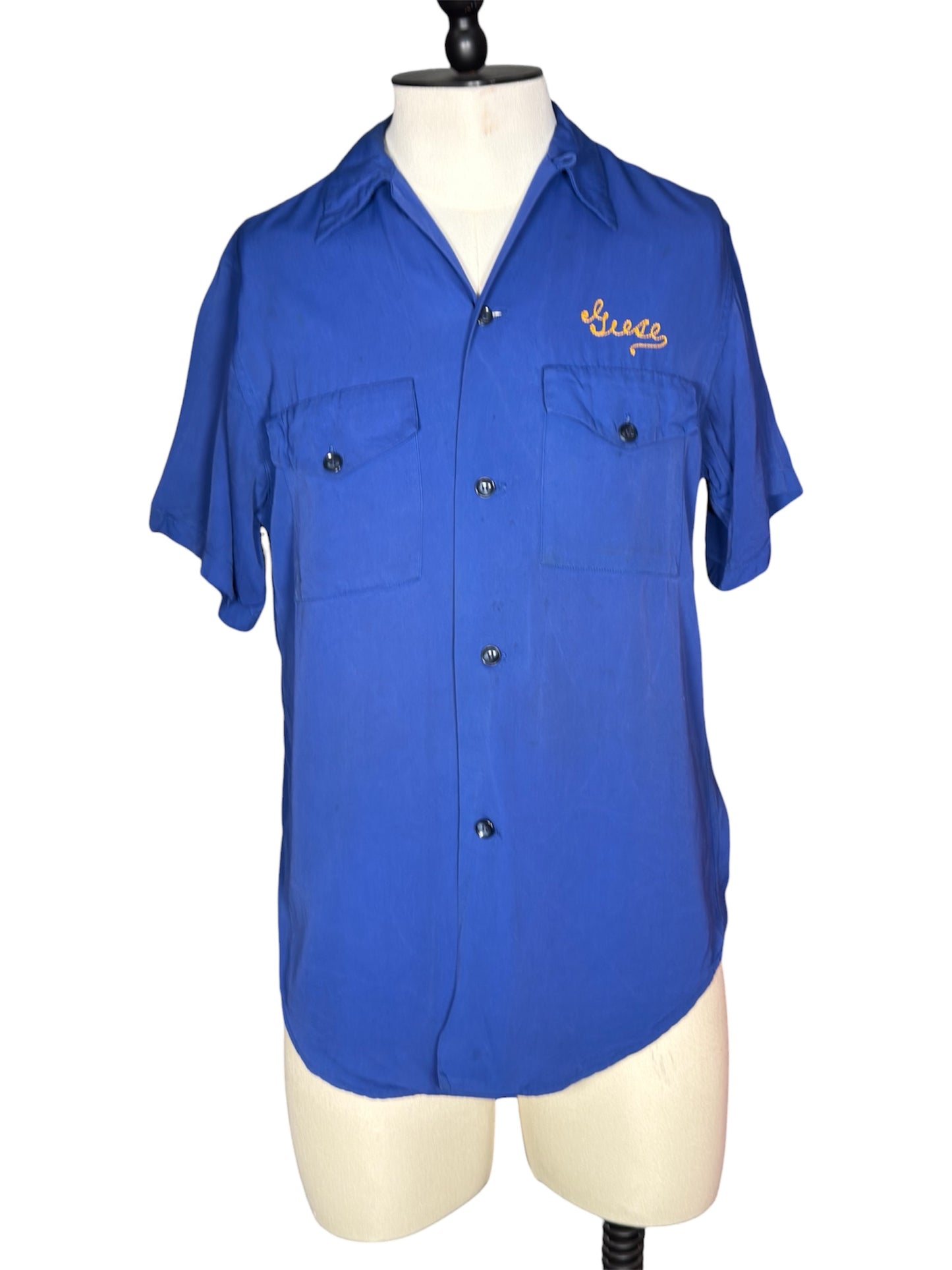 1950s Nat Nast Blue Cotton Bowling Shirt Observatory N.S.G.W. Chainstitch Embroidery