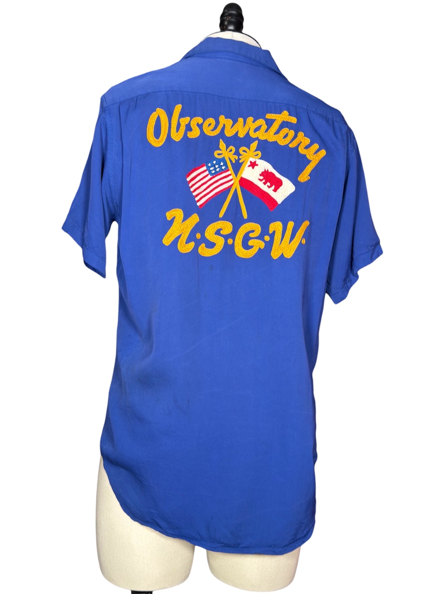 1950s Nat Nast Blue Cotton Bowling Shirt Observatory N.S.G.W. Chainstitch Embroidery