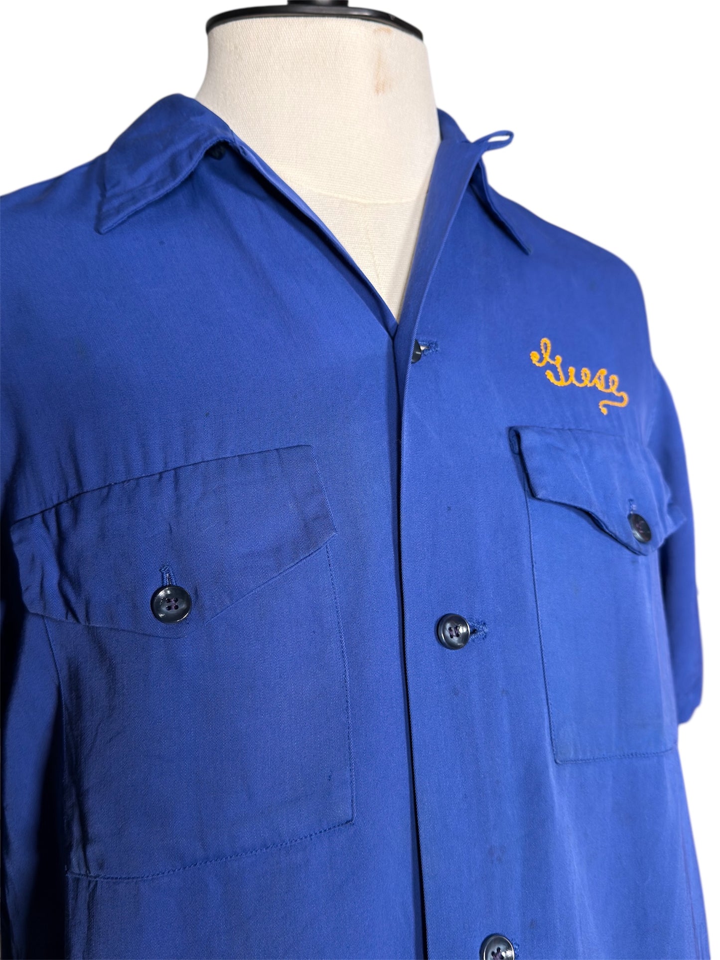 1950s Nat Nast Blue Cotton Bowling Shirt Observatory N.S.G.W. Chainstitch Embroidery