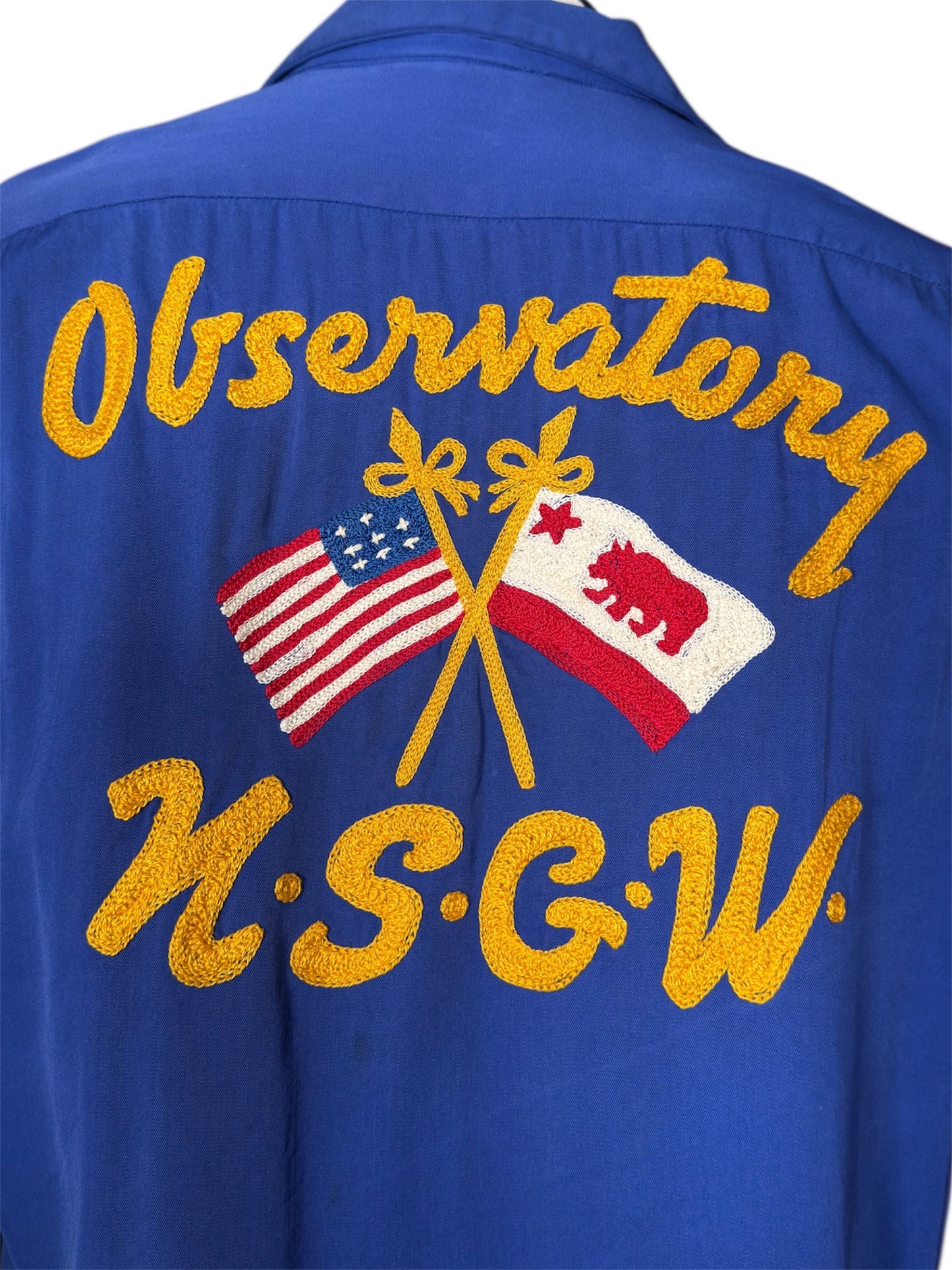 1950s Nat Nast Blue Cotton Bowling Shirt Observatory N.S.G.W. Chainstitch Embroidery