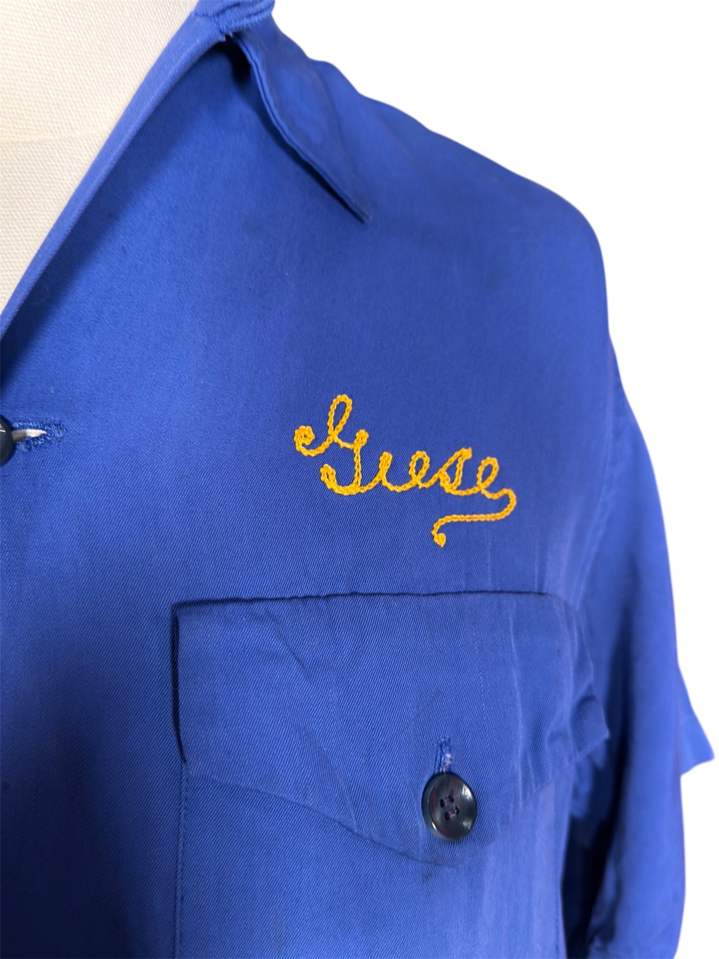 1950s Nat Nast Blue Cotton Bowling Shirt Observatory N.S.G.W. Chainstitch Embroidery