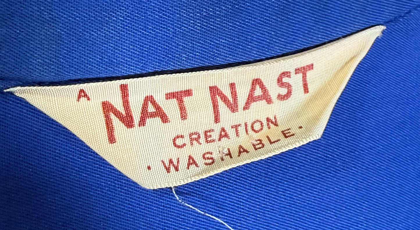 1950s Nat Nast Blue Cotton Bowling Shirt Observatory N.S.G.W. Chainstitch Embroidery