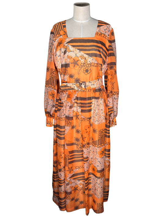 1970s Trina Lewis Floral Printed Patchwork Belted Orange Maxi Dress