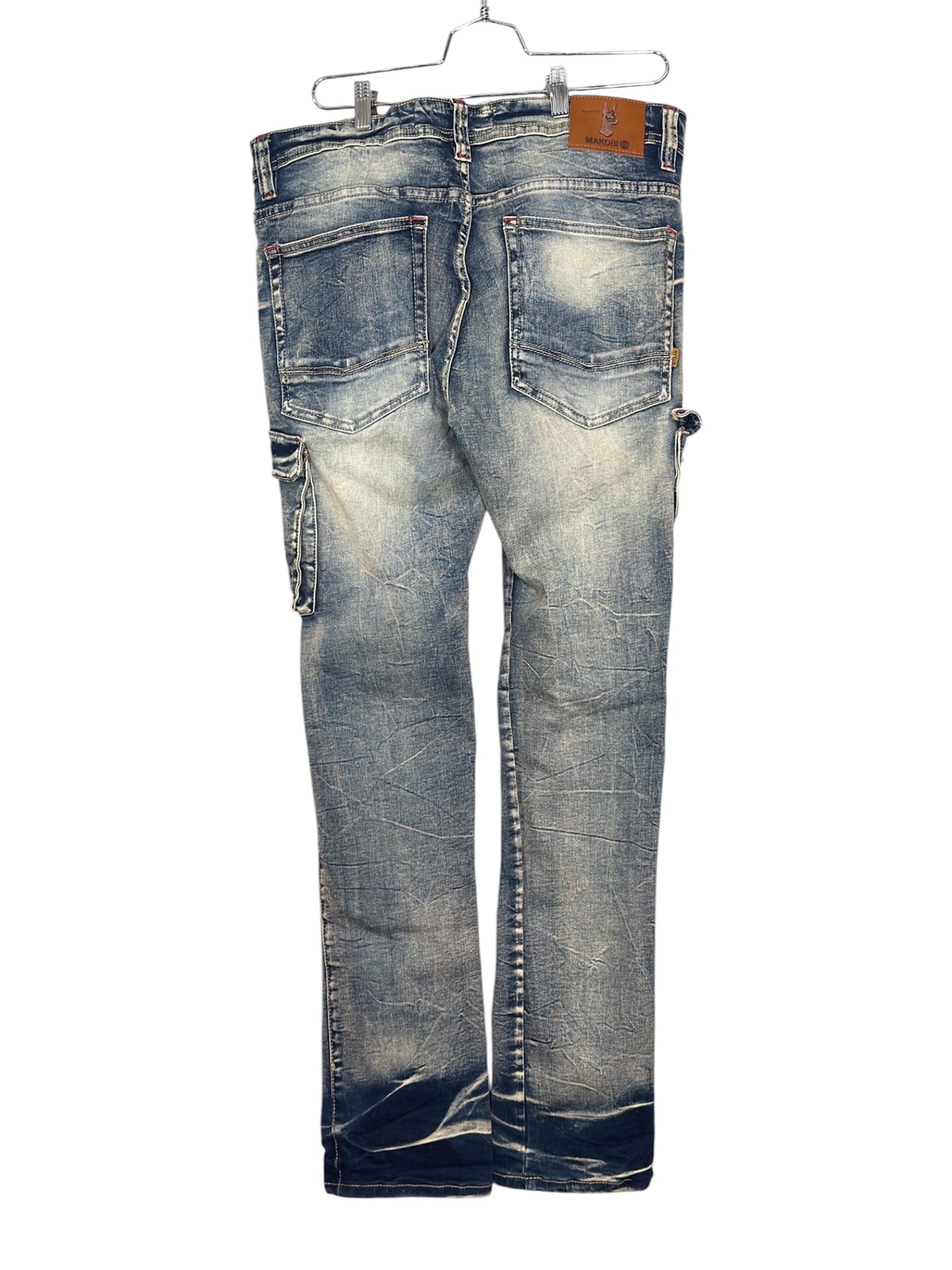Modern Makobi Distressed Denim Cargo Streetwear Jeans With Buckle Pocket Details
