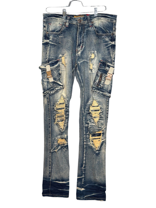Modern Makobi Distressed Denim Cargo Streetwear Jeans With Buckle Pocket Details
