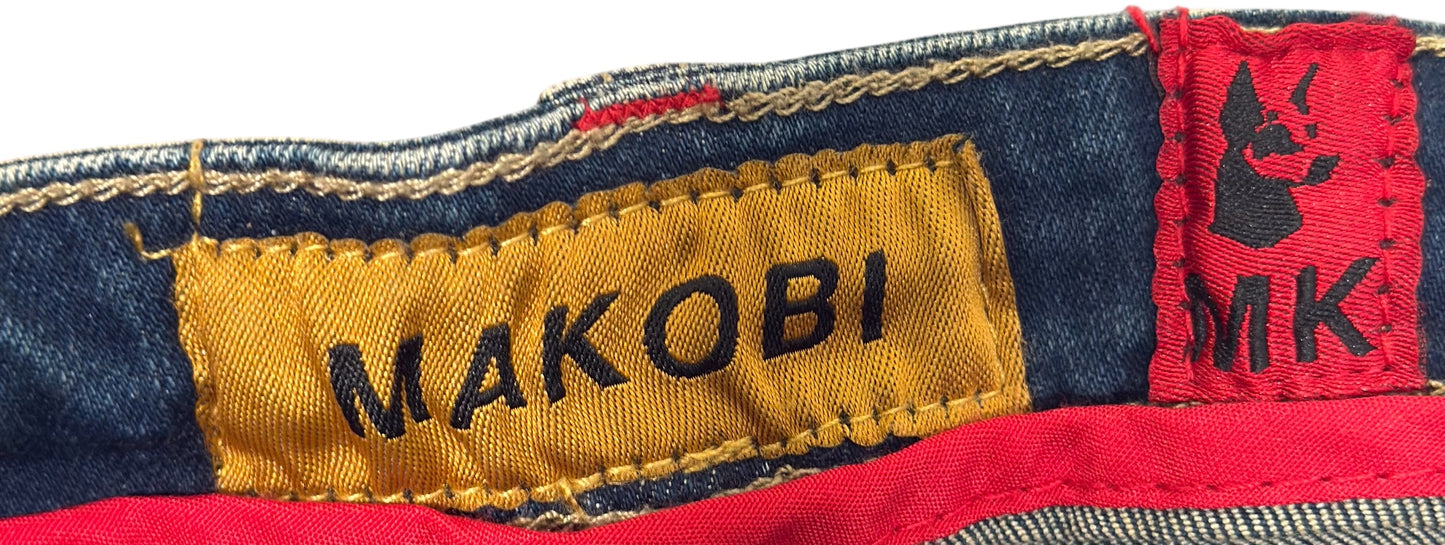 Modern Makobi Distressed Denim Cargo Streetwear Jeans With Buckle Pocket Details