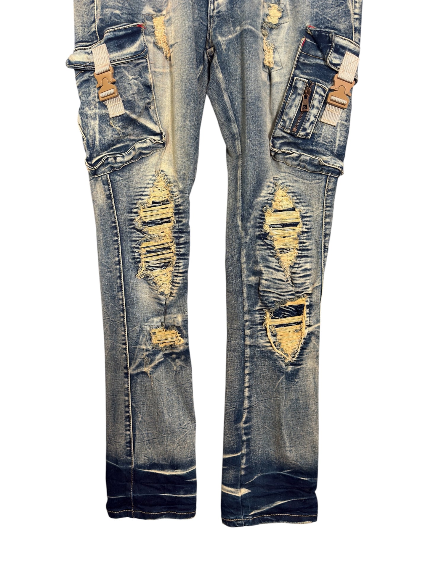 Modern Makobi Distressed Denim Cargo Streetwear Jeans With Buckle Pocket Details