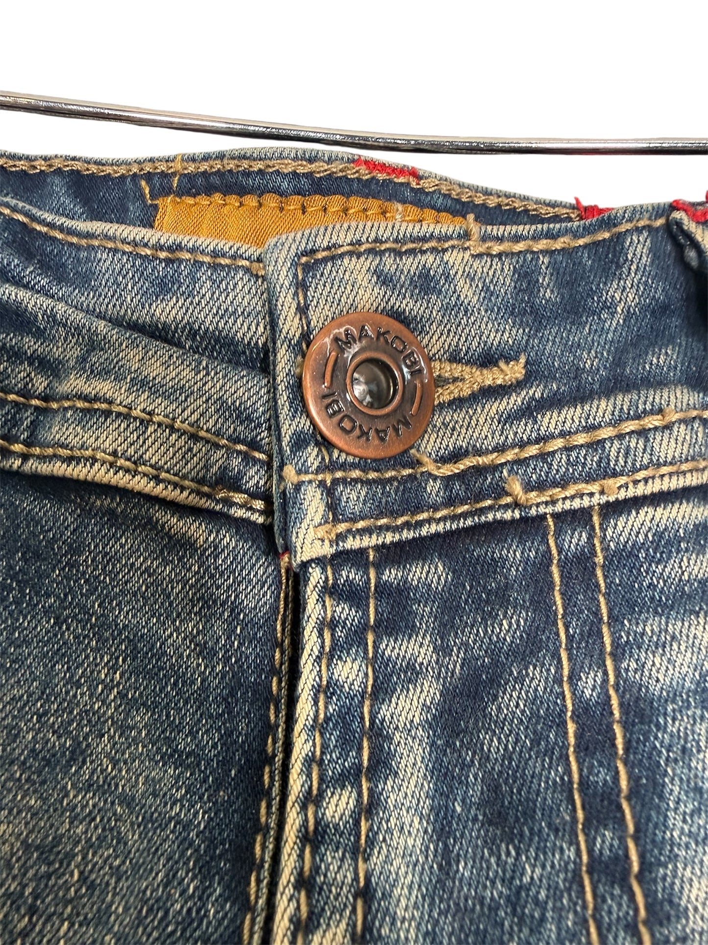 Modern Makobi Distressed Denim Cargo Streetwear Jeans With Buckle Pocket Details