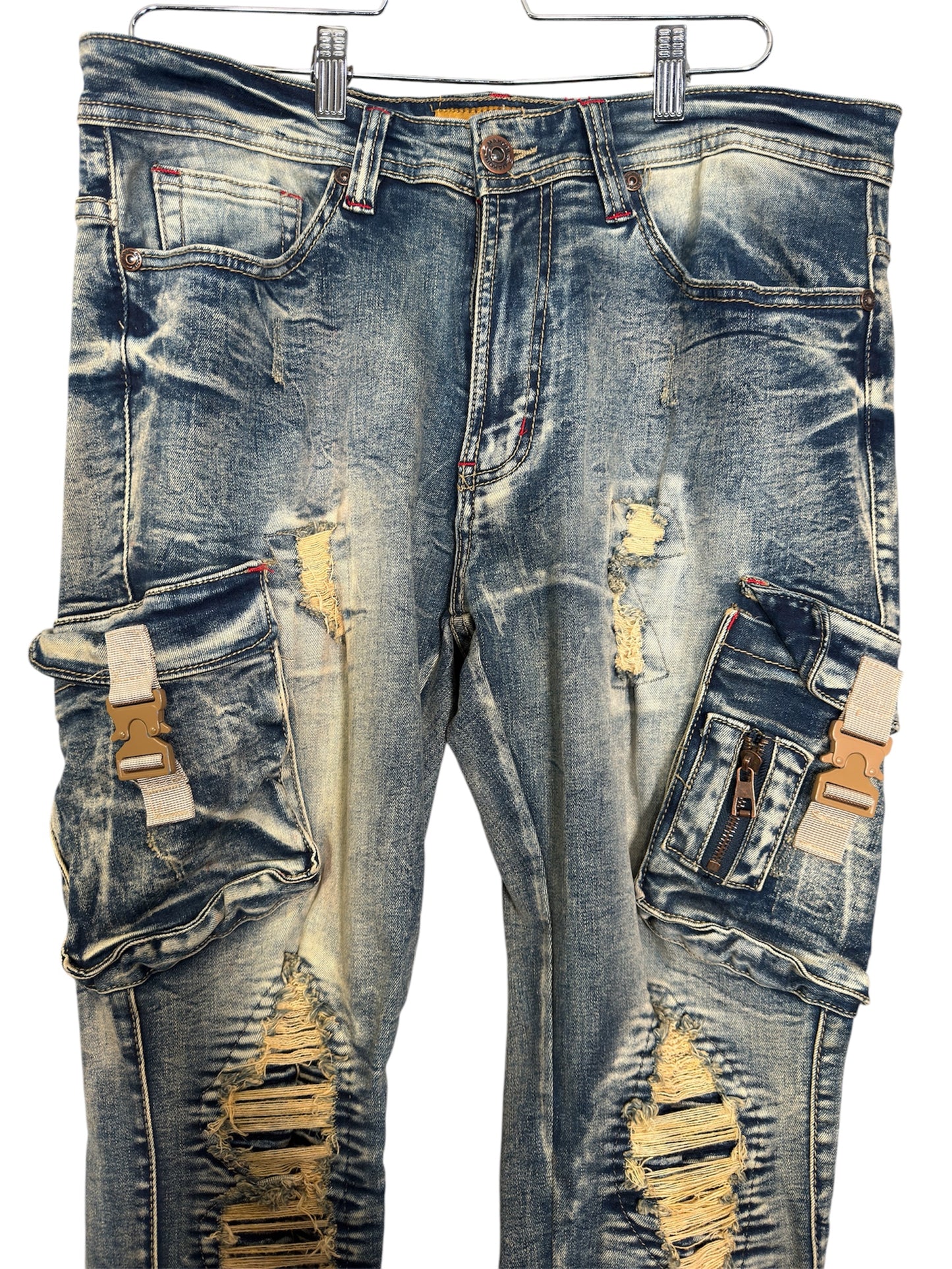 Modern Makobi Distressed Denim Cargo Streetwear Jeans With Buckle Pocket Details