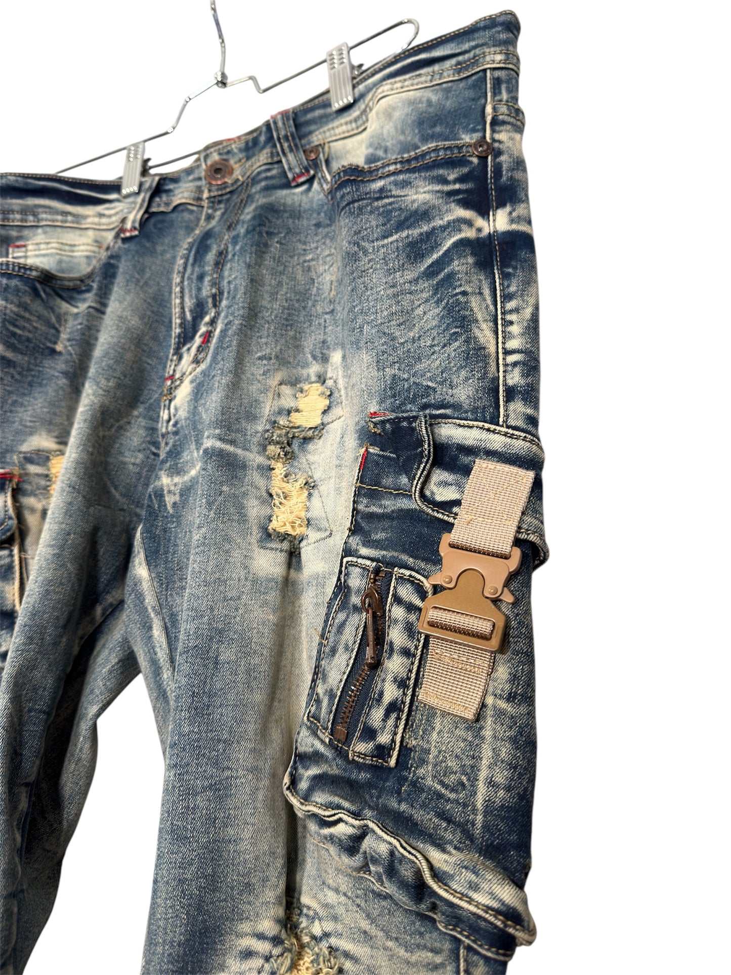 Modern Makobi Distressed Denim Cargo Streetwear Jeans With Buckle Pocket Details