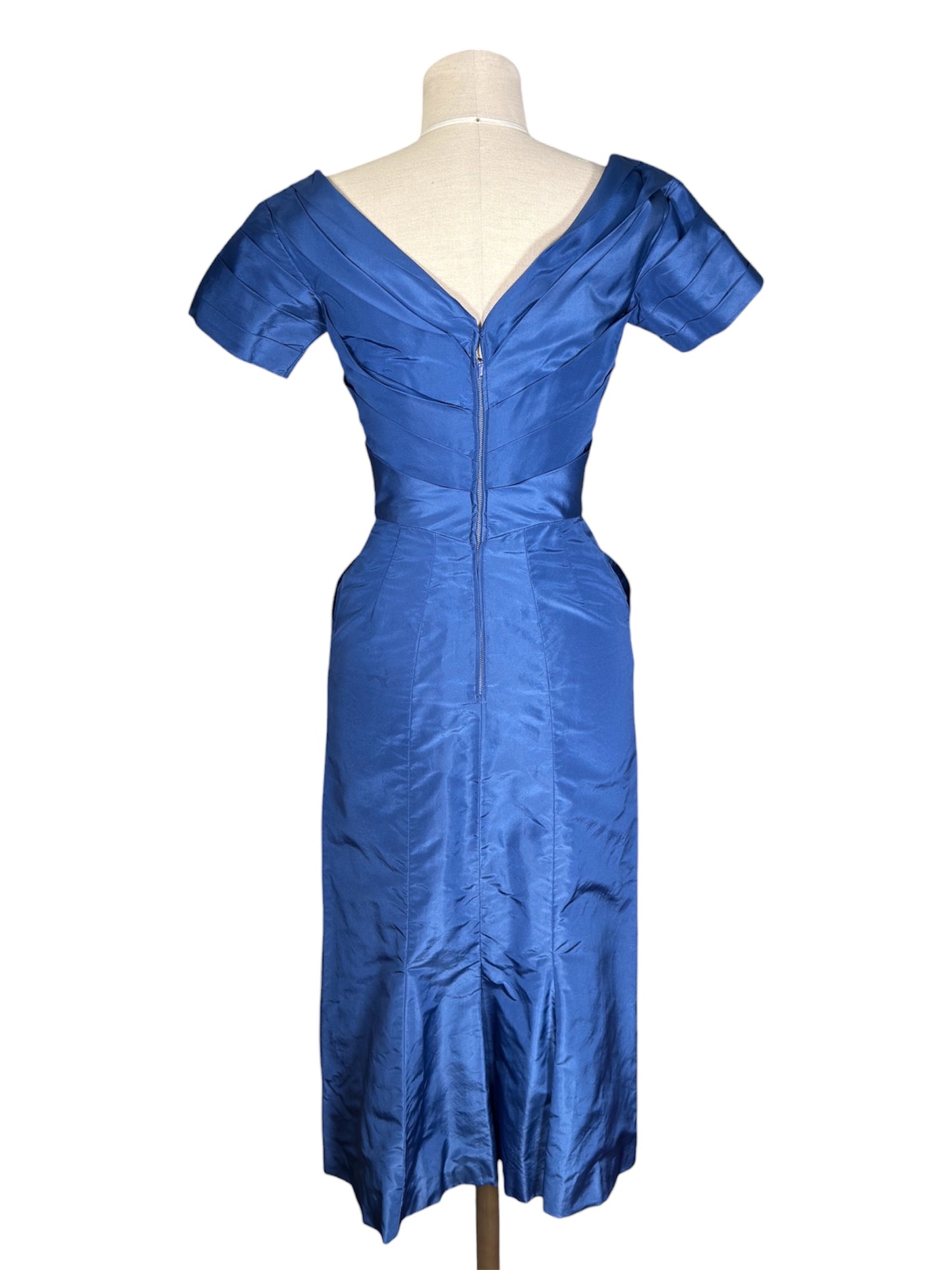 1950s Ceil Chapman Fitted Blue Dress With Beaded Appliqué