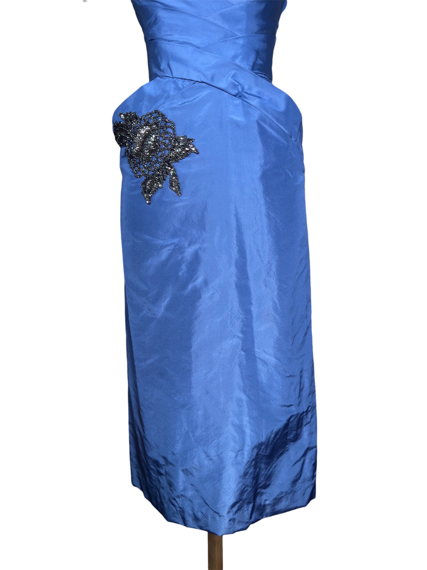 1950s Ceil Chapman Fitted Blue Dress With Beaded Appliqué