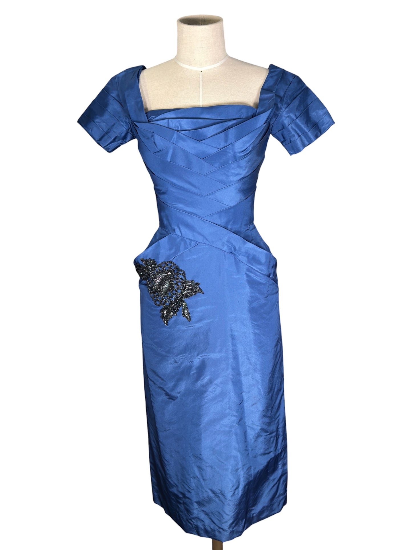 1950s Ceil Chapman Fitted Blue Dress With Beaded Appliqué
