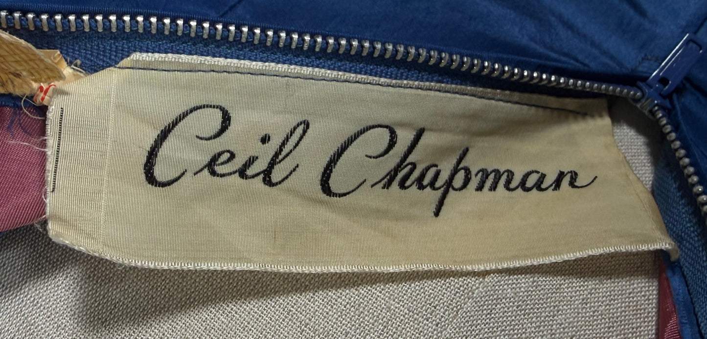 1950s Ceil Chapman Fitted Blue Dress With Beaded Appliqué