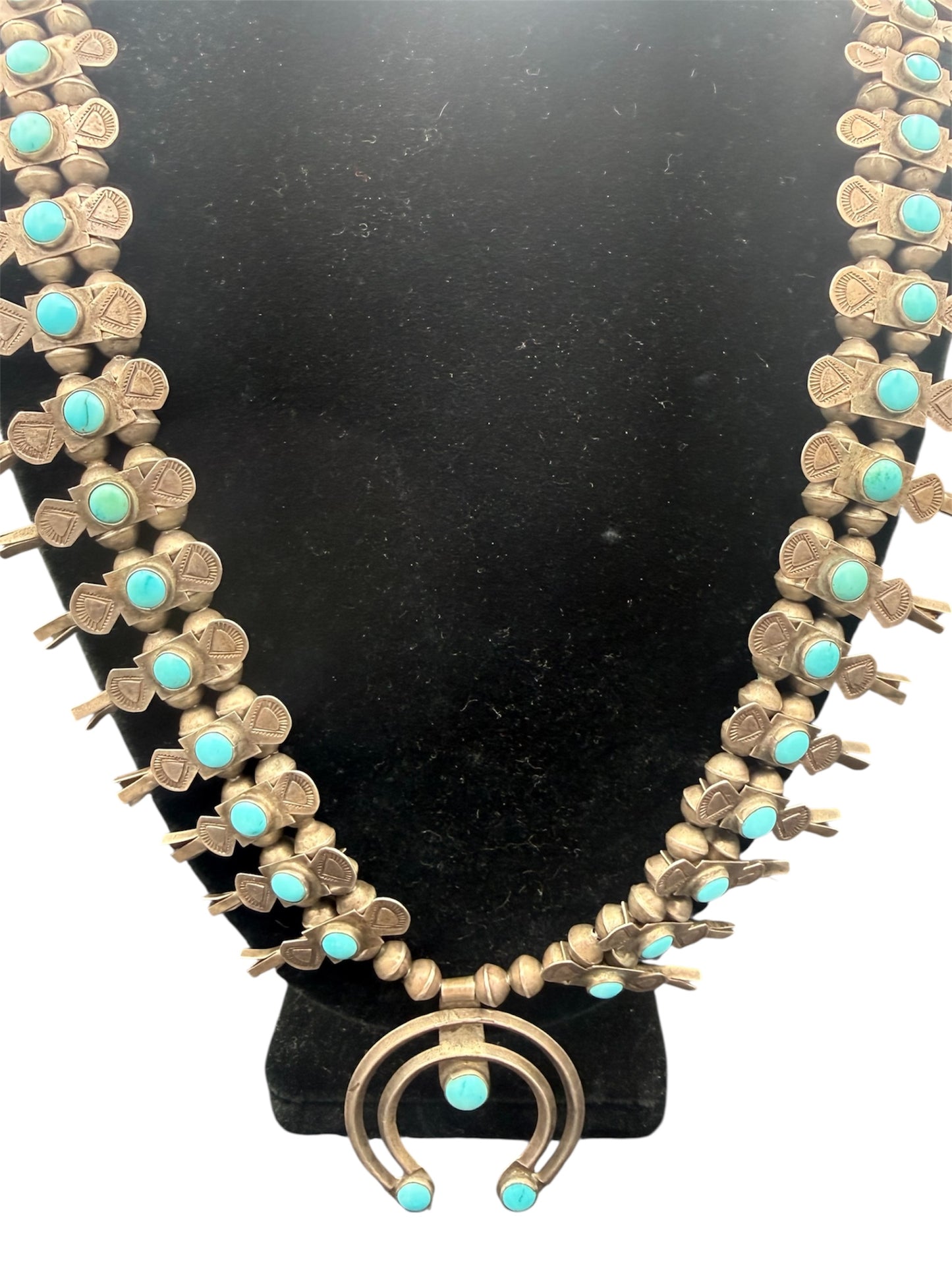 Vintage Southwestern/Native Sterling Silver And Turquoise Squash Blossom Necklace With Naja Pendant