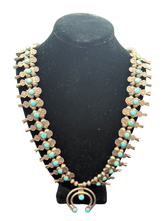 Vintage Southwestern/Native Sterling Silver And Turquoise Squash Blossom Necklace With Naja Pendant