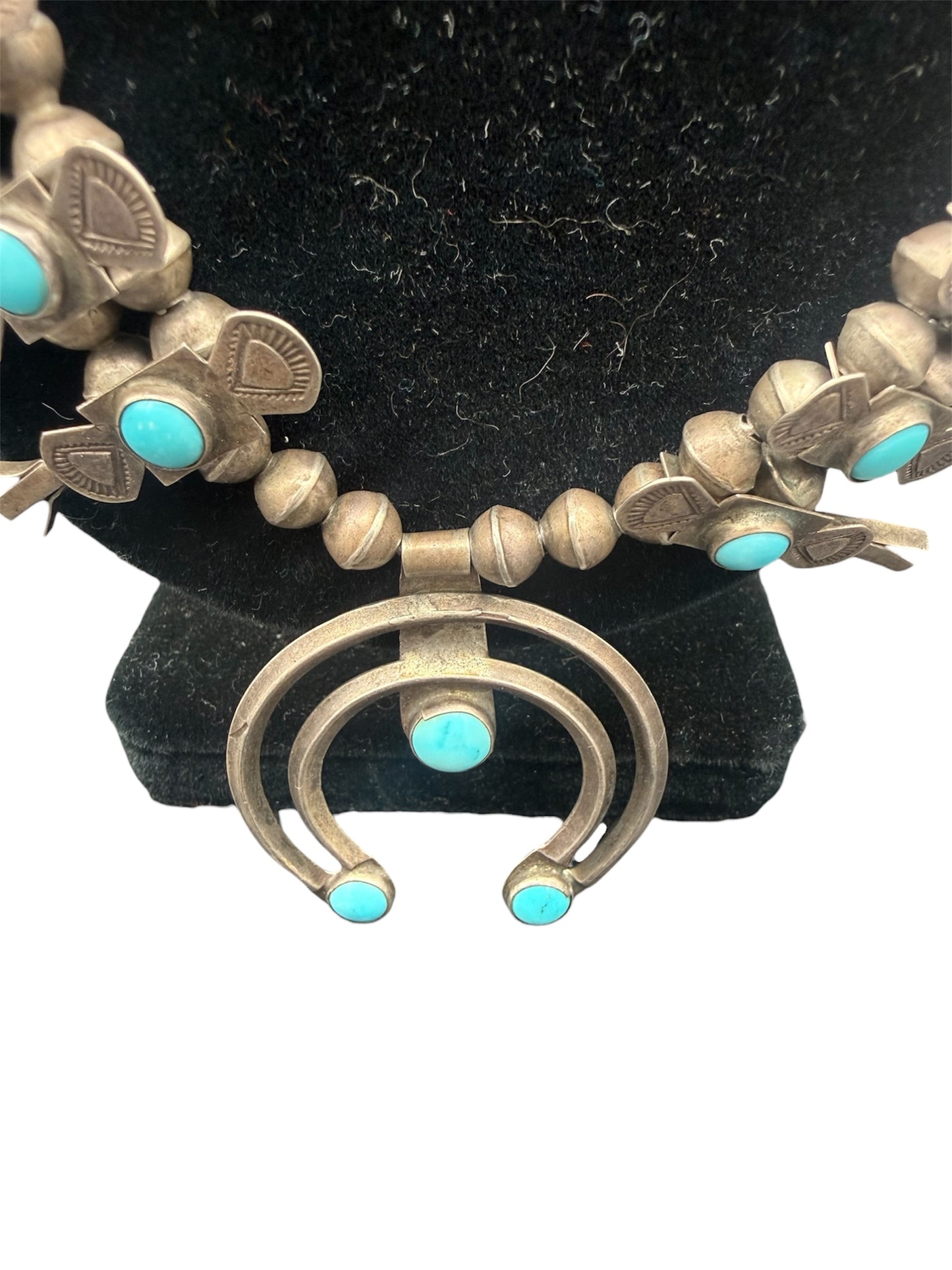 Vintage Southwestern/Native Sterling Silver And Turquoise Squash Blossom Necklace With Naja Pendant