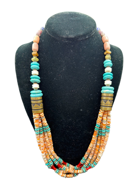 Vintage Tommy Singer Southwestern/Navajo Multicolor Beaded Brass Necklace