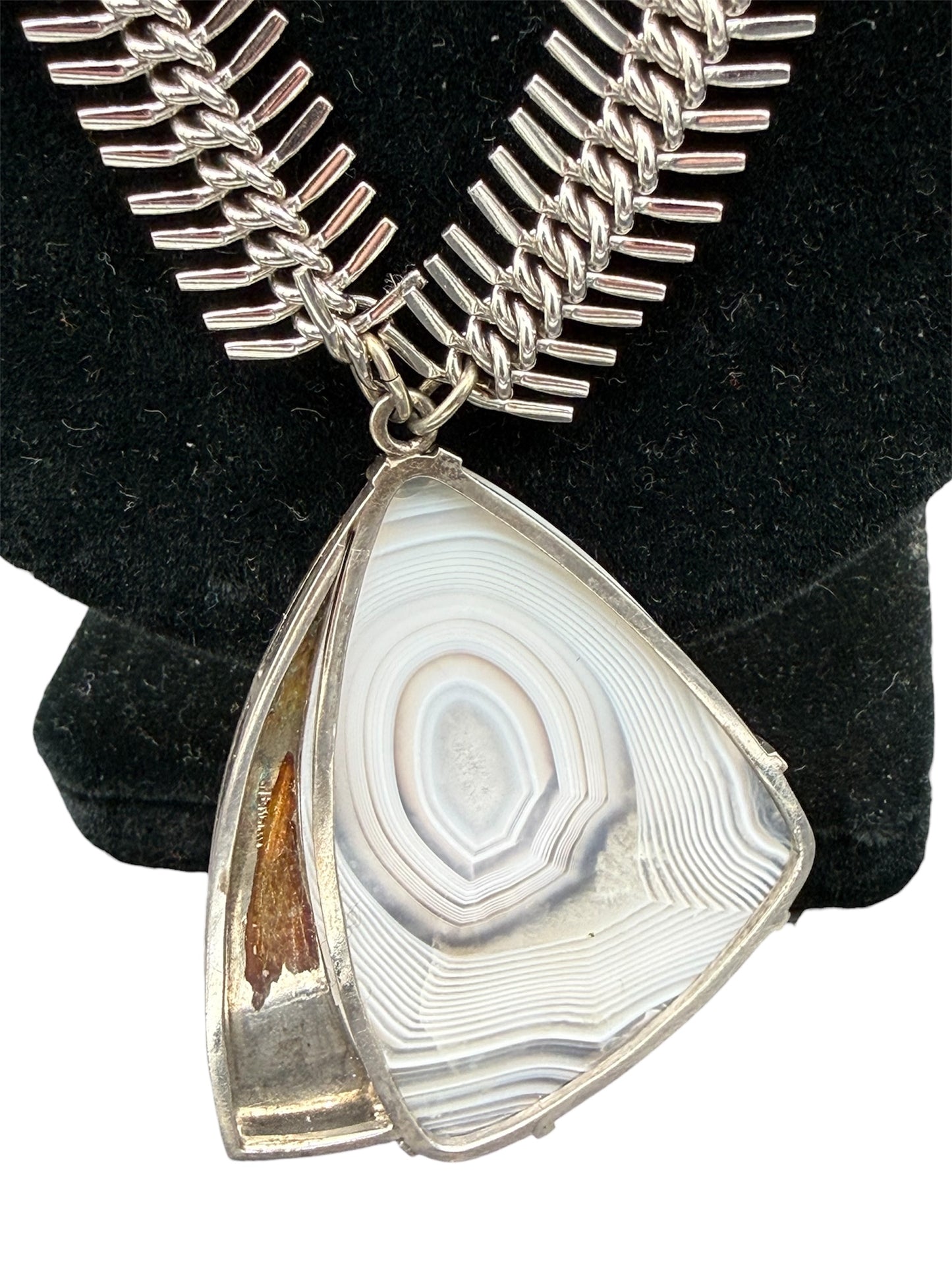 Vintage Sterling Silver White Botswana Agate Fish Bone Chain Pendant Necklace